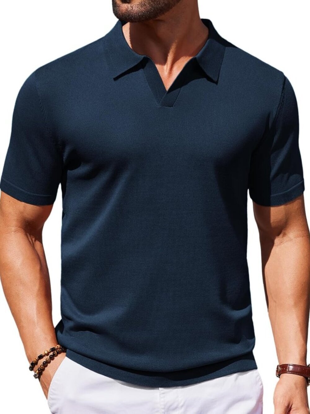 Women's Navy Blue V-Neck Short Sleeve Stretch Knit Polo Shirt Top